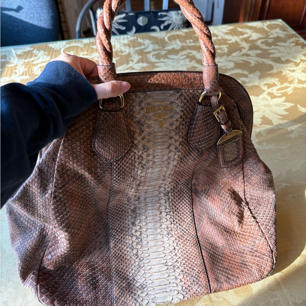 Prada Python Snake Brown Leather Satchel Handbag - image 1
